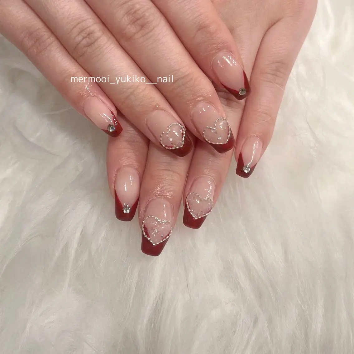 ネイル ボルドー フレンチネイル ハート キラキラネイル 赤色 mermooi nailのネイルデザイン