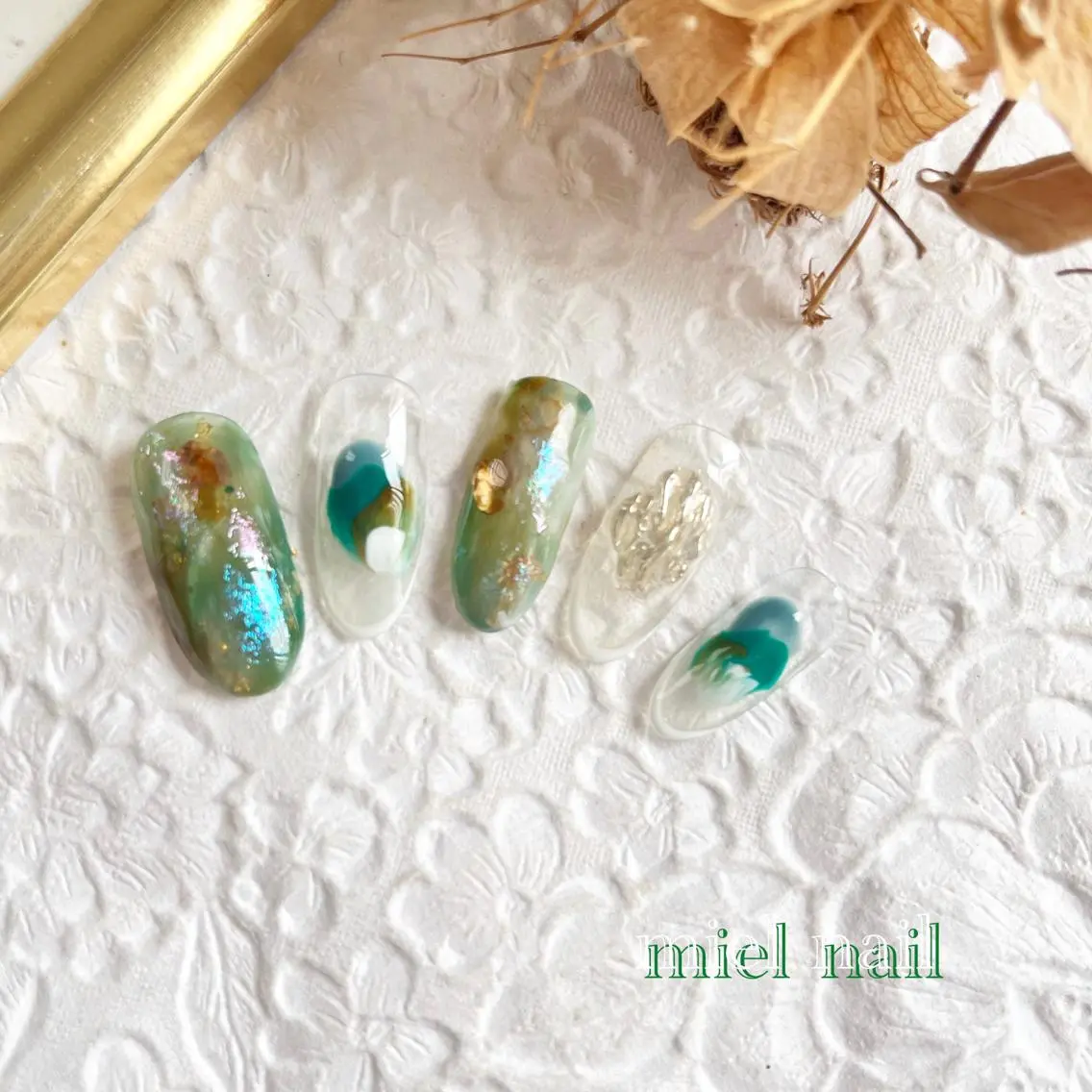 ネイル フレンチネイル グリーン 大理石ネイル(マーブル) 夏ネイル ハンドネイル miel nailのネイルデザイン