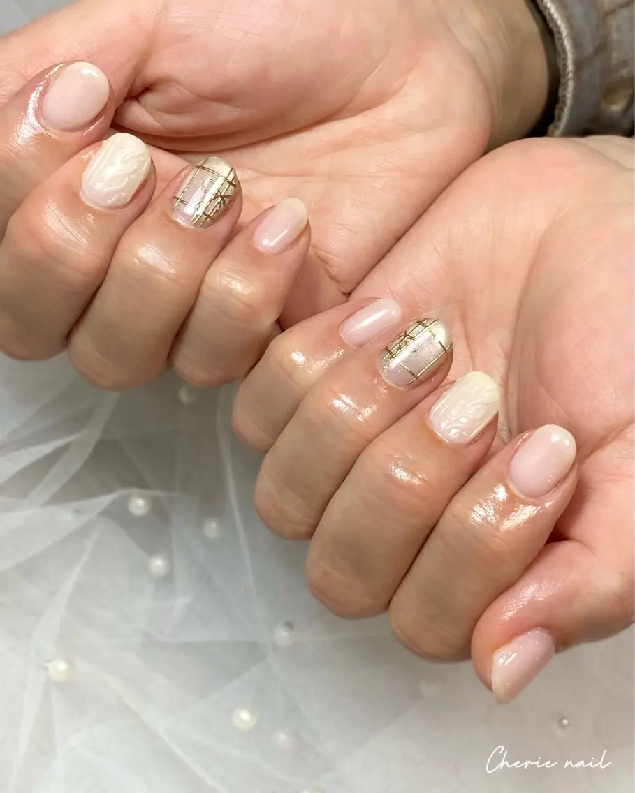 ネイル ジェルネイル マグネットネイル ミラーネイル リボン ホワイト ハンドネイル Cherienail yunaのネイルデザイン