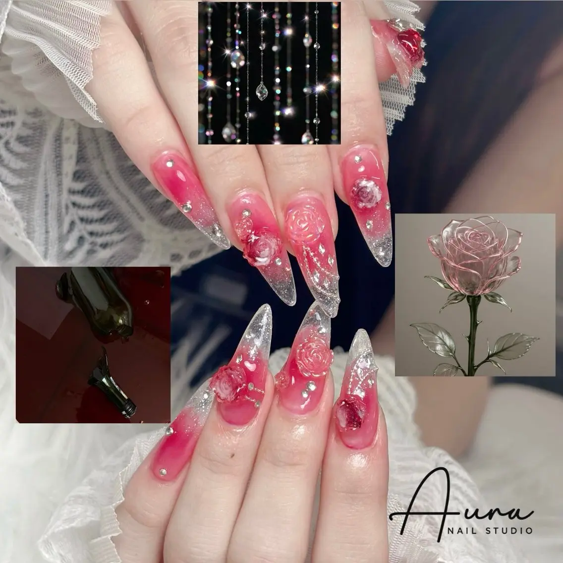 ネイル クリアネイル キラキラネイル 韓国ネイル ロングネイル ピンク ハンドネイル Aura Nail HanNaのネイルデザイン
