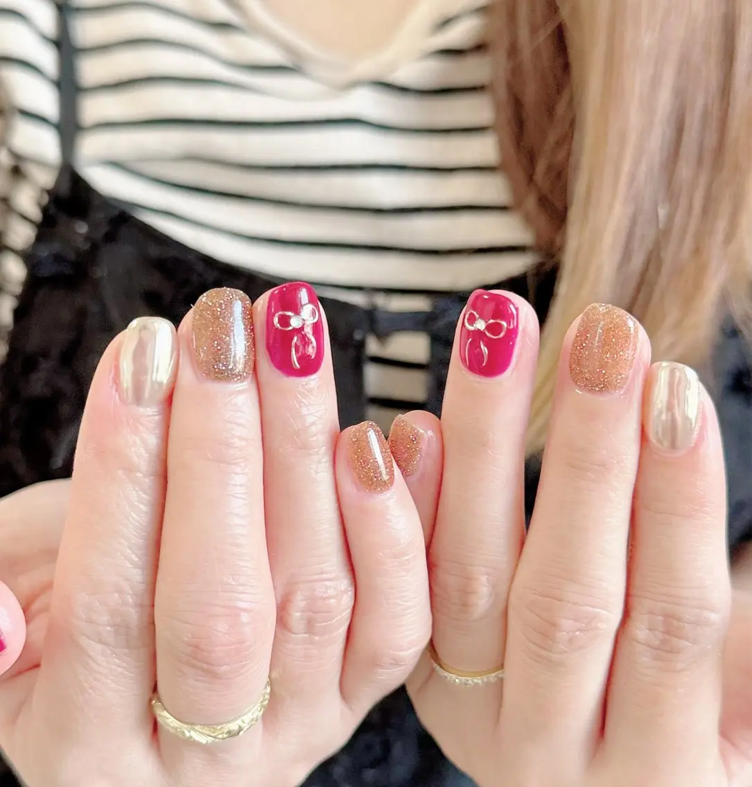 ネイル フラッシュネイル ミラーネイル リボン nail salon kicchiのネイルデザイン