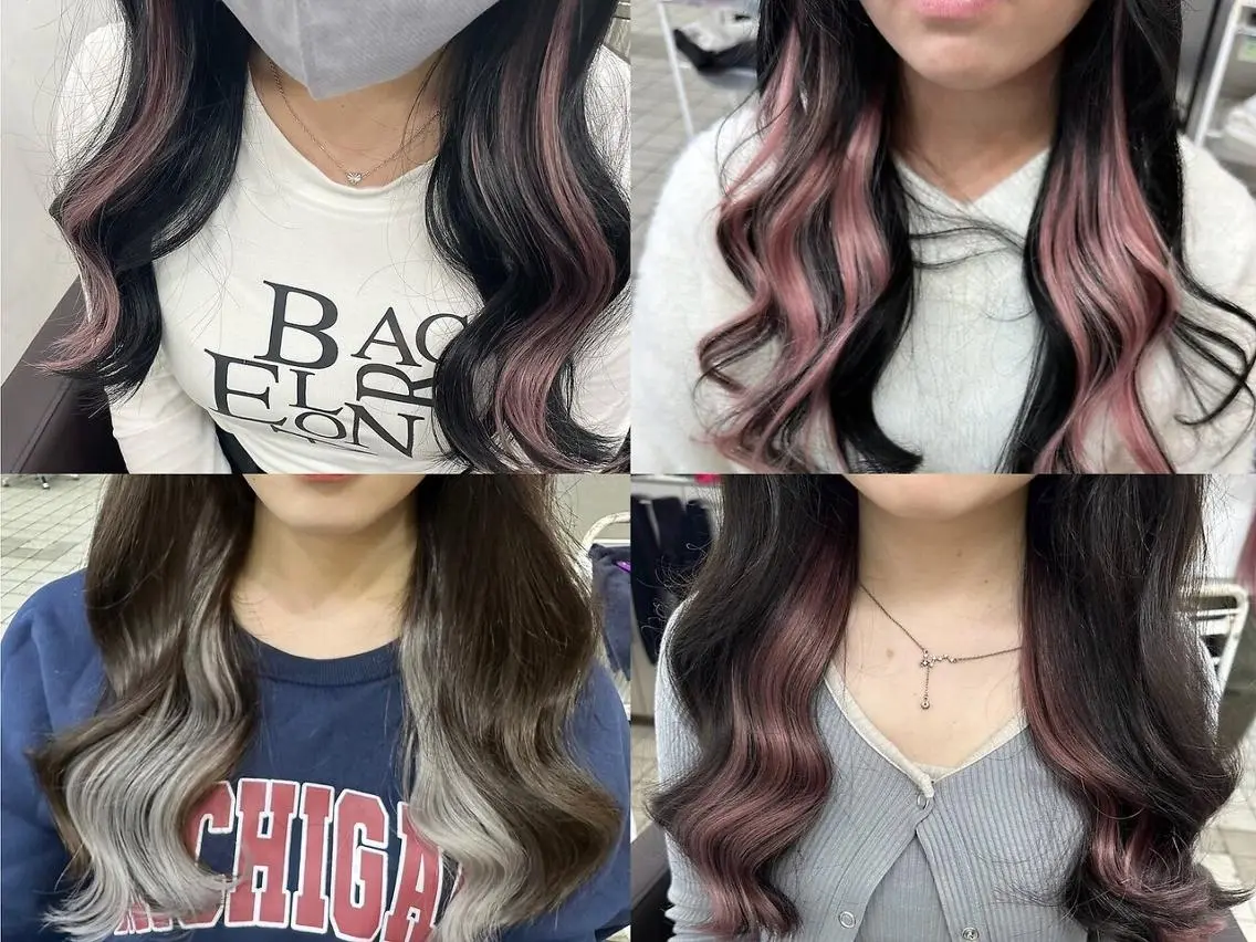 ロング カラー ヘアアレンジ シールエクステ 黒髪 ブリーチ デザインカラー ダブルカラー エクステ¥5000 LuciAカラーのヘアスタイル