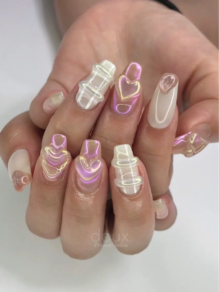 ネイル オーロラネイル 氷ネイル・うるうるネイル 韓国ネイル ワンカラーネイル ぷっくりネイル doux. nailのネイルデザイン