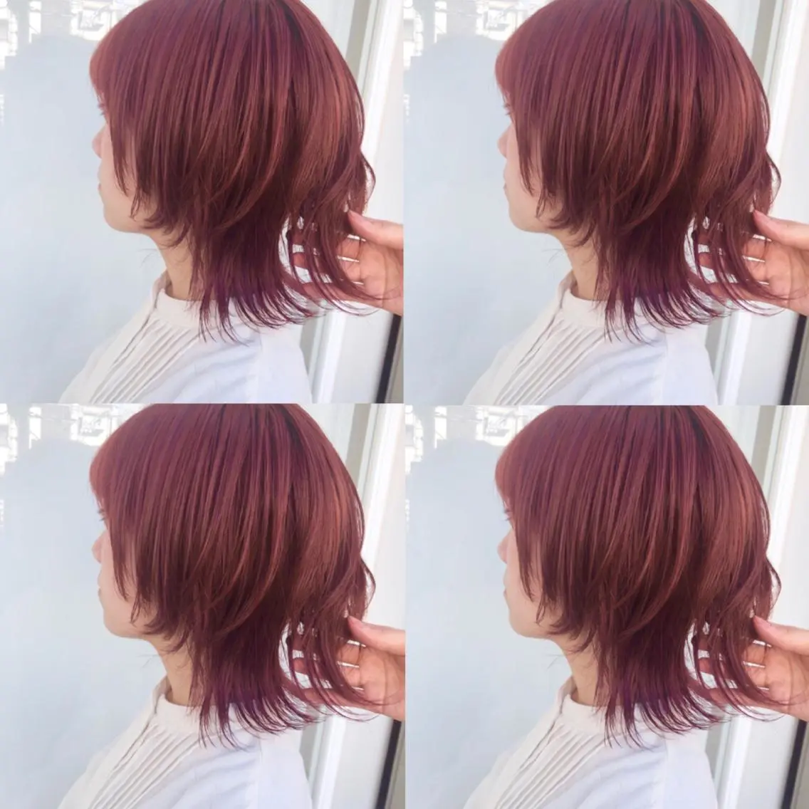 ミディアム カラー ブリーチ レッドカラー ウルフカット ウルフカット ハッシュカット/七海のヘアスタイル