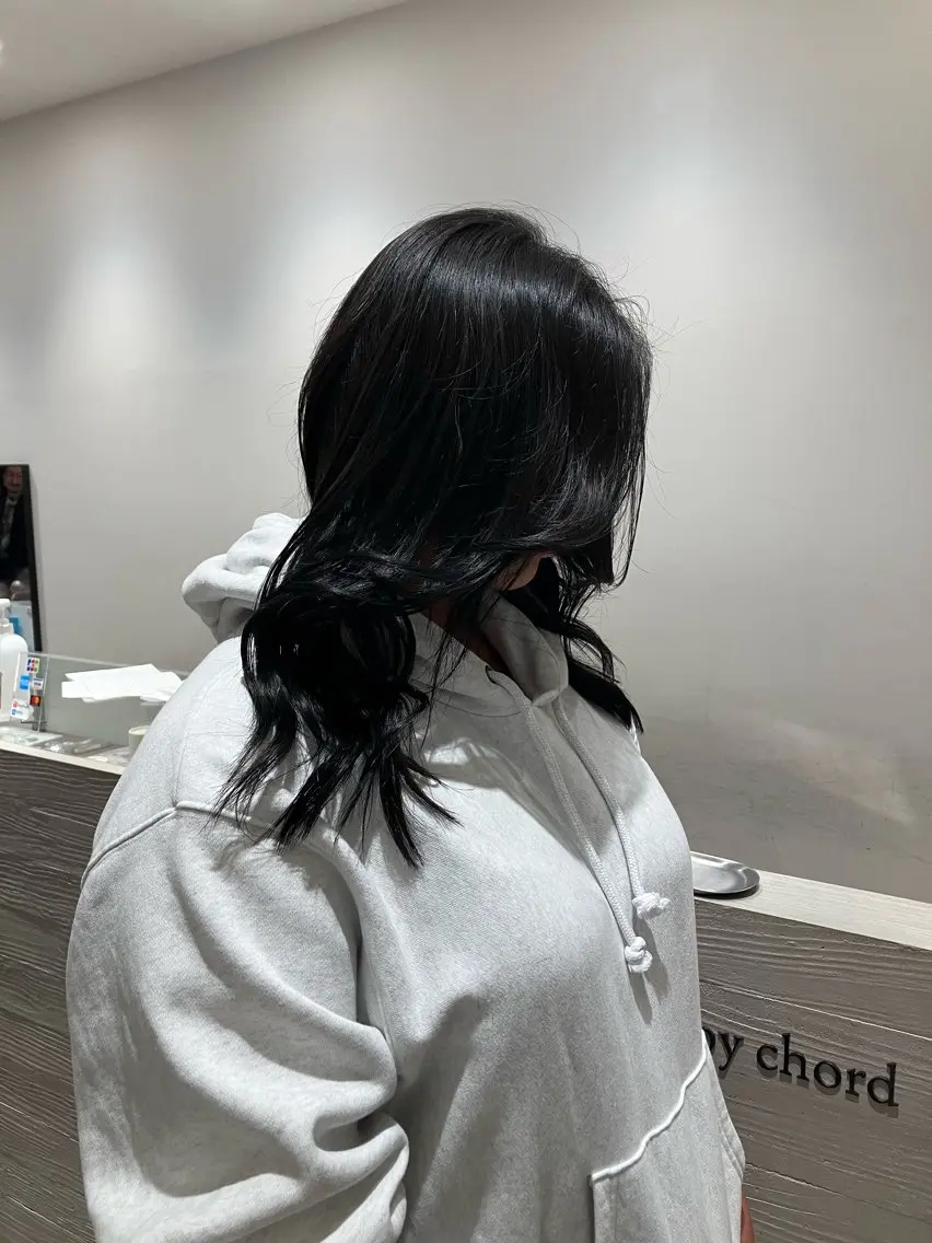 セミロング カラー 黒髪 ブルーカラー ブルーブラック サキ🤍ハイトーン 🪩レイヤーカットのヘアスタイル