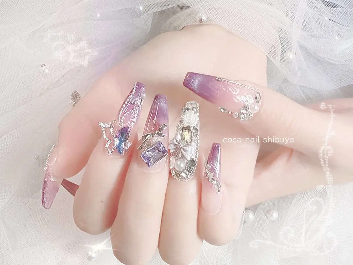 ネイル 成人式 大理石ネイル(マーブル) リボン 夏ネイル ネイルチップ ハンドネイル Mei Salon 長さ出し専門店のネイルデザイン