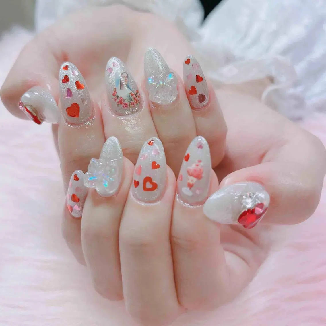 ネイル ハート リボン スカルプネイル ハンドネイル MoonNail ユリ🌸のネイルデザイン