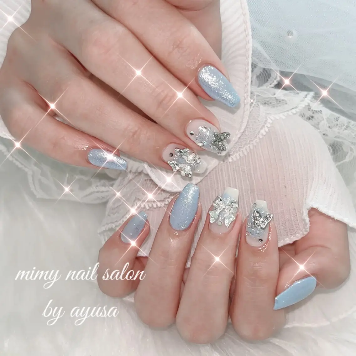 ネイル チークネイル 水色 ハンドネイル mimy ayusaのネイルデザイン