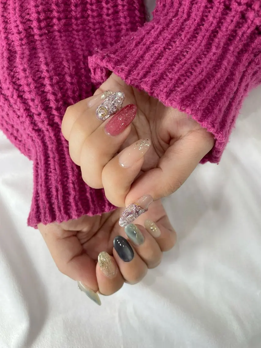 ネイル ブルー ニュアンスネイル 赤色 ツイードネイル f. harukaのネイルデザイン