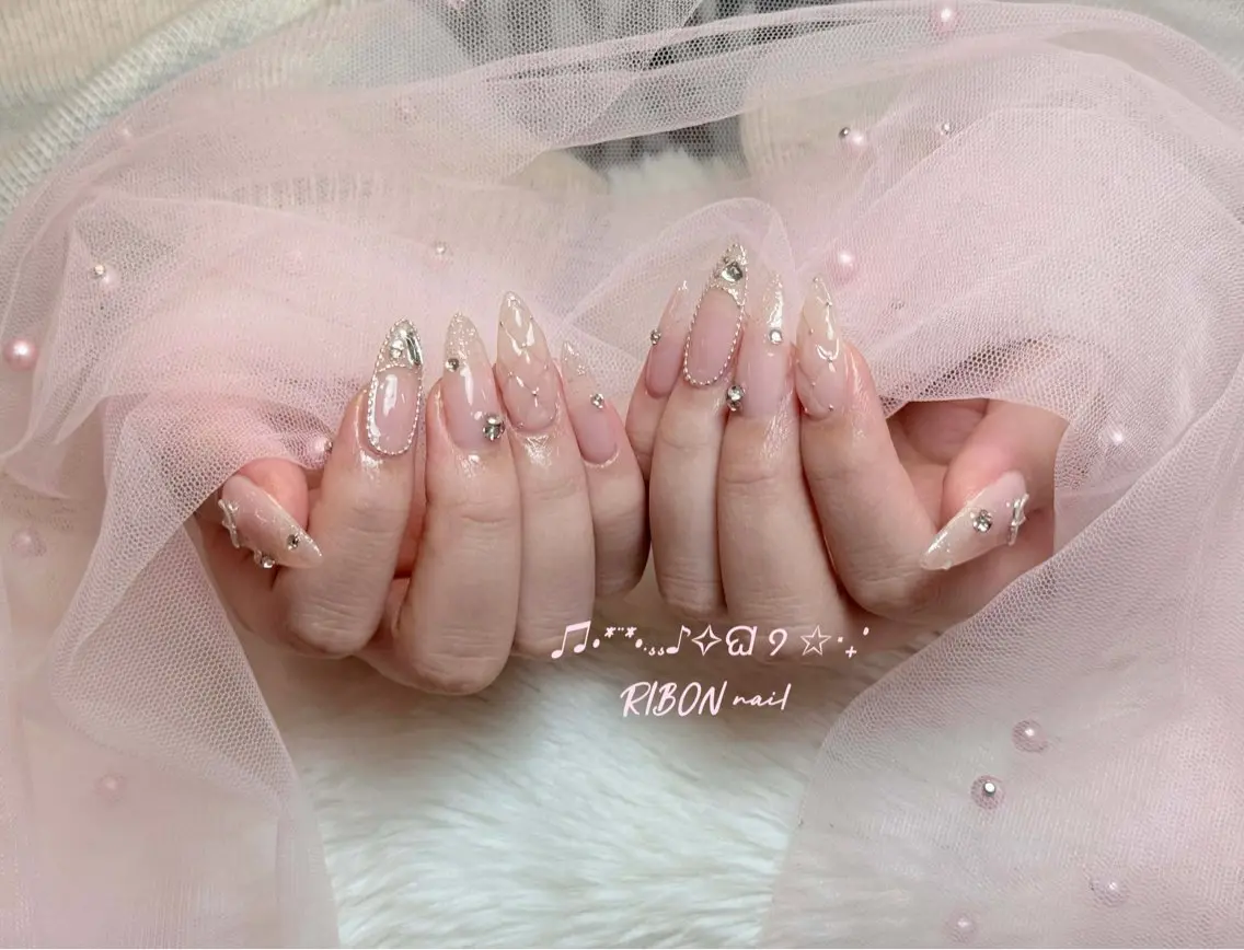 ネイル チークネイル 長さ出し フレンチネイル ジェルネイル グラデーション RIBON nail 高田馬場のネイルデザイン