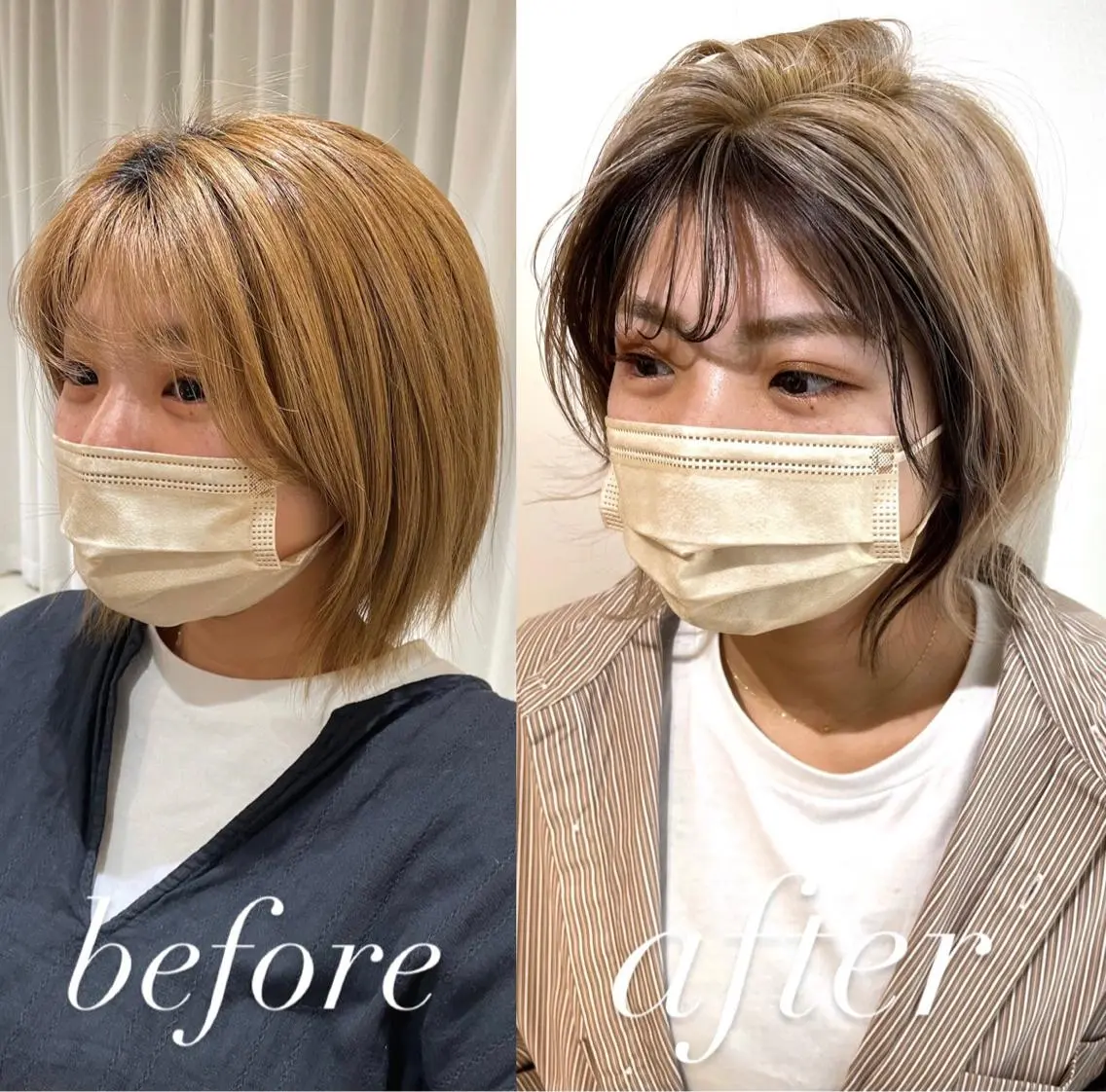 ミディアム カラー ミストバング ベージュカラー ブリーチ フェイスフレーミング ホワイトベージュ カット ヘアカラー トリートメント ヘッドスパ 過去一の柔髪ヘア 🌿einshairのヘアスタイル