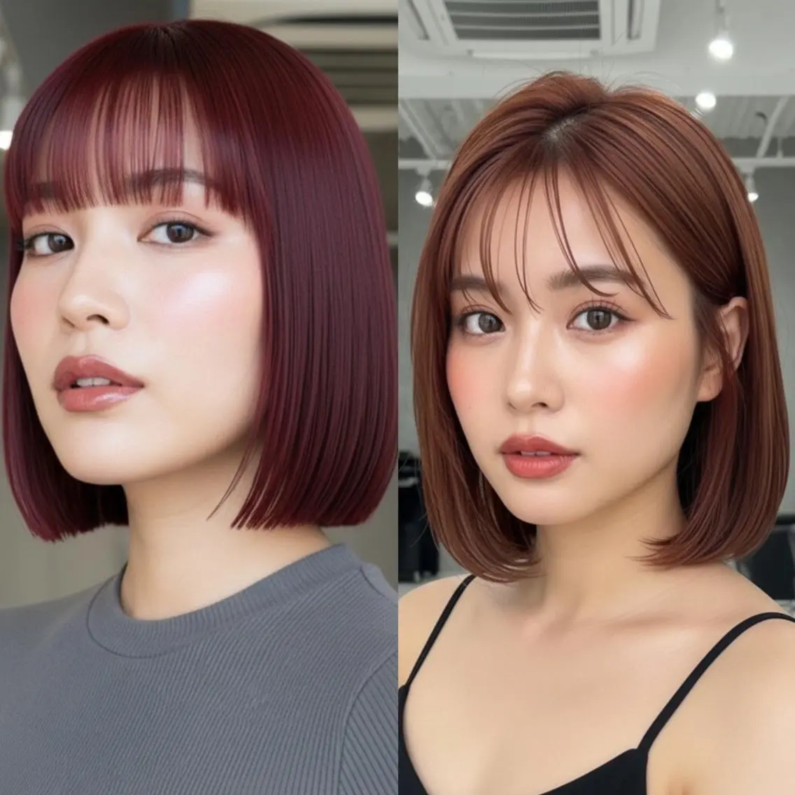 ミディアム カット ヘアカラー トリートメント 💕透明感赤味カラー ぱっつんボブ🩷のヘアスタイル