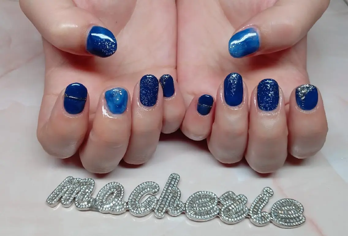 ネイル ブルー ネイビー ハンドネイル Nail Salon macherieのネイルデザイン