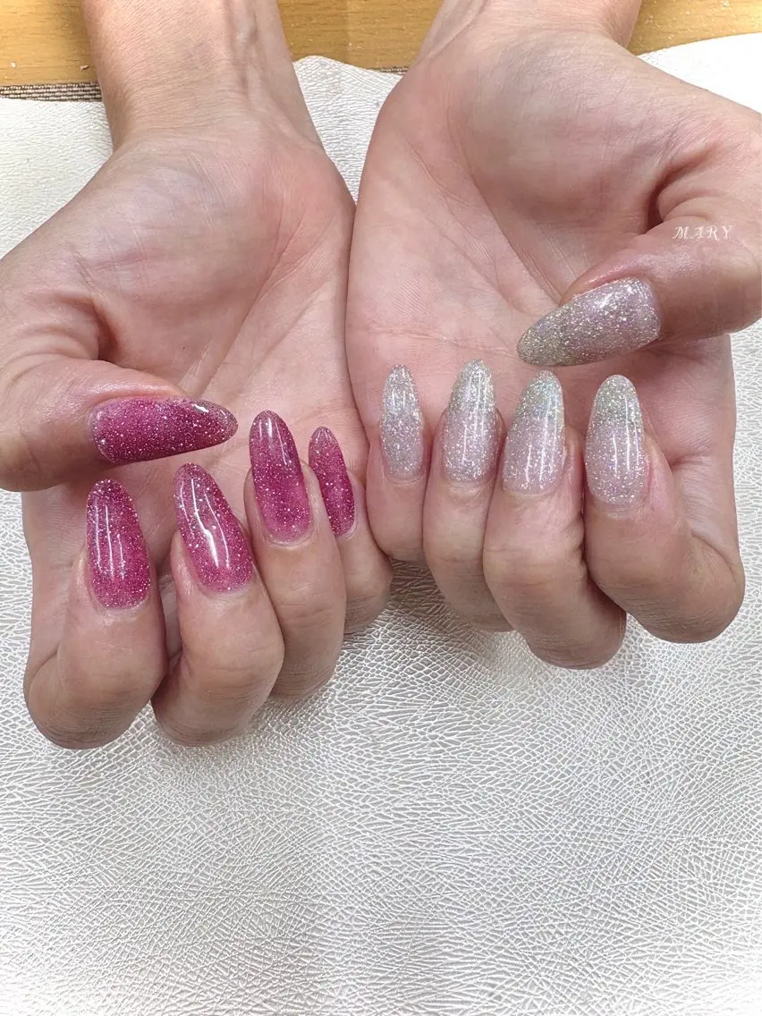 ネイル フラッシュネイル キラキラネイル ニュアンスネイル ワンカラーネイル ピンク ハンドネイル Mary nail .narumiのネイルデザイン