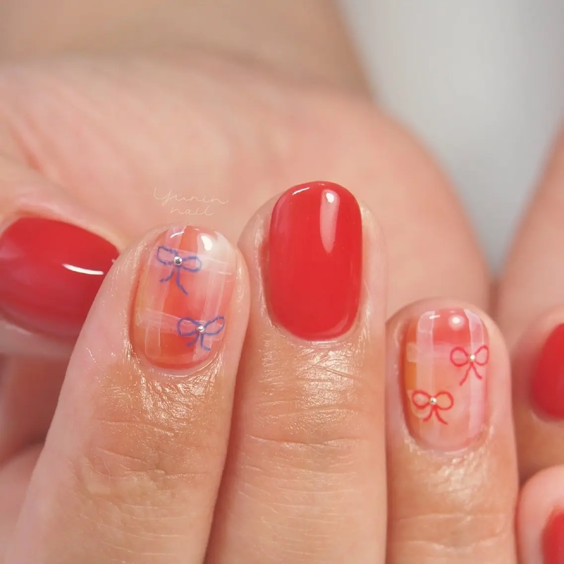 ネイル カジュアル リボン ショートネイル ショートネイル専門 yurin nailのネイルデザイン