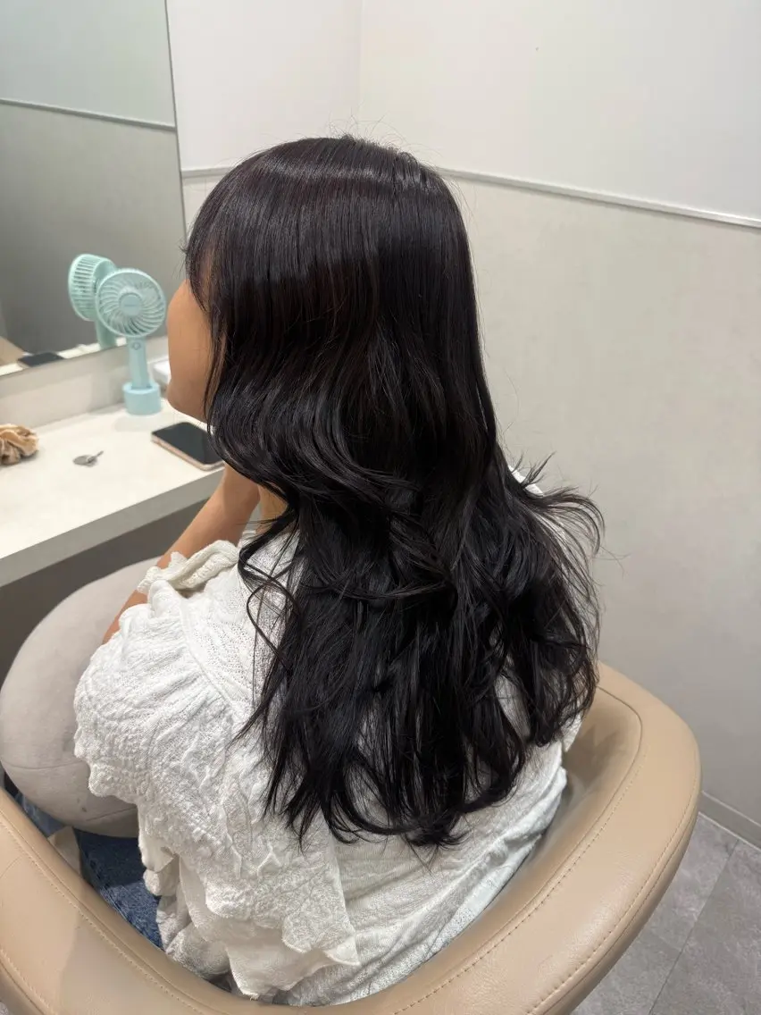 ロング カラー 黒髪 ラベンダーカラー ヘアカラー トリートメント ラベンダー💜 グレージュ🩶のヘアスタイル