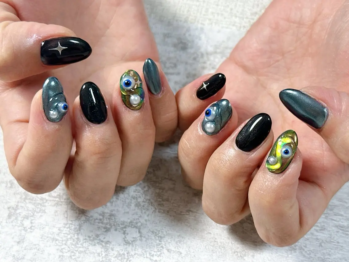 ネイル オーロラネイル ブルー フットネイル フレンチネイル ジェルネイル kiki nail たまプラーザのネイルデザイン
