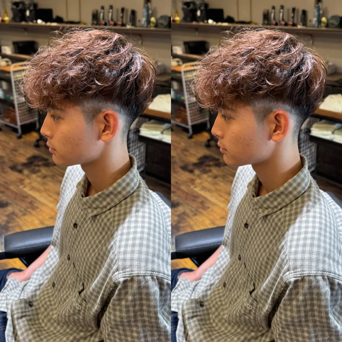 カラー パーマ メンズ スペインカール ブラウンカラー カット パーマ 久保 貴大のヘアスタイル