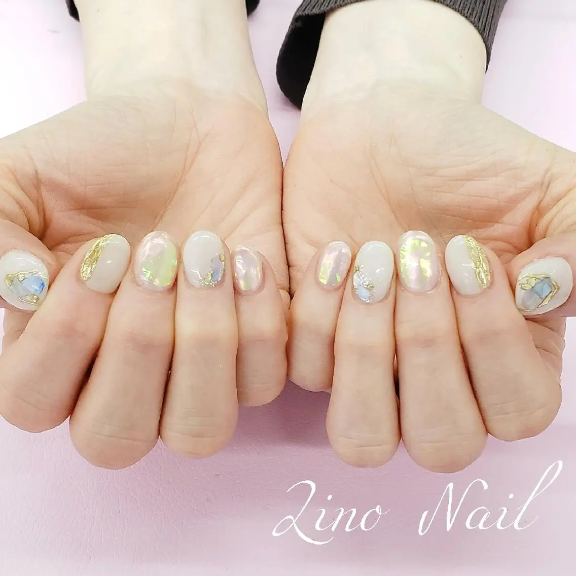ネイル オーロラネイル カジュアル ジェルネイル 氷ネイル・うるうるネイル キラキラネイル ハンドネイル Lino Nailのネイルデザイン