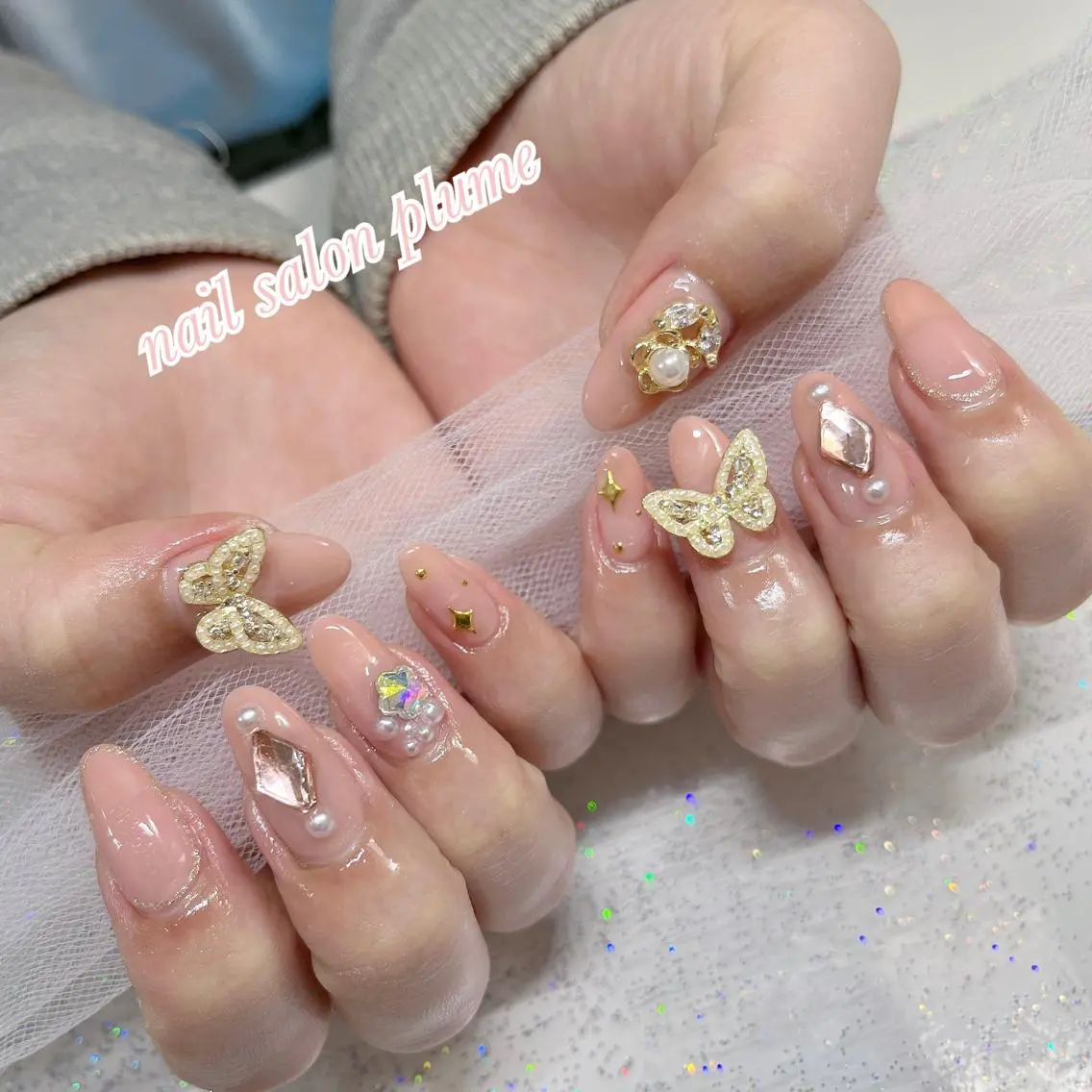 ネイル アートネイル フラワーネイル ガーリー ハート キラキラネイル ハンドネイル plume nail ☆韓国ネイルのネイルデザイン
