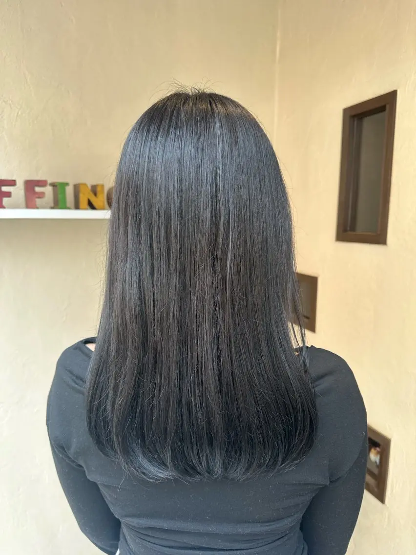 セミロング カラー 黒髪 ブルーカラー ブルーブラック 若林 美帆のヘアスタイル