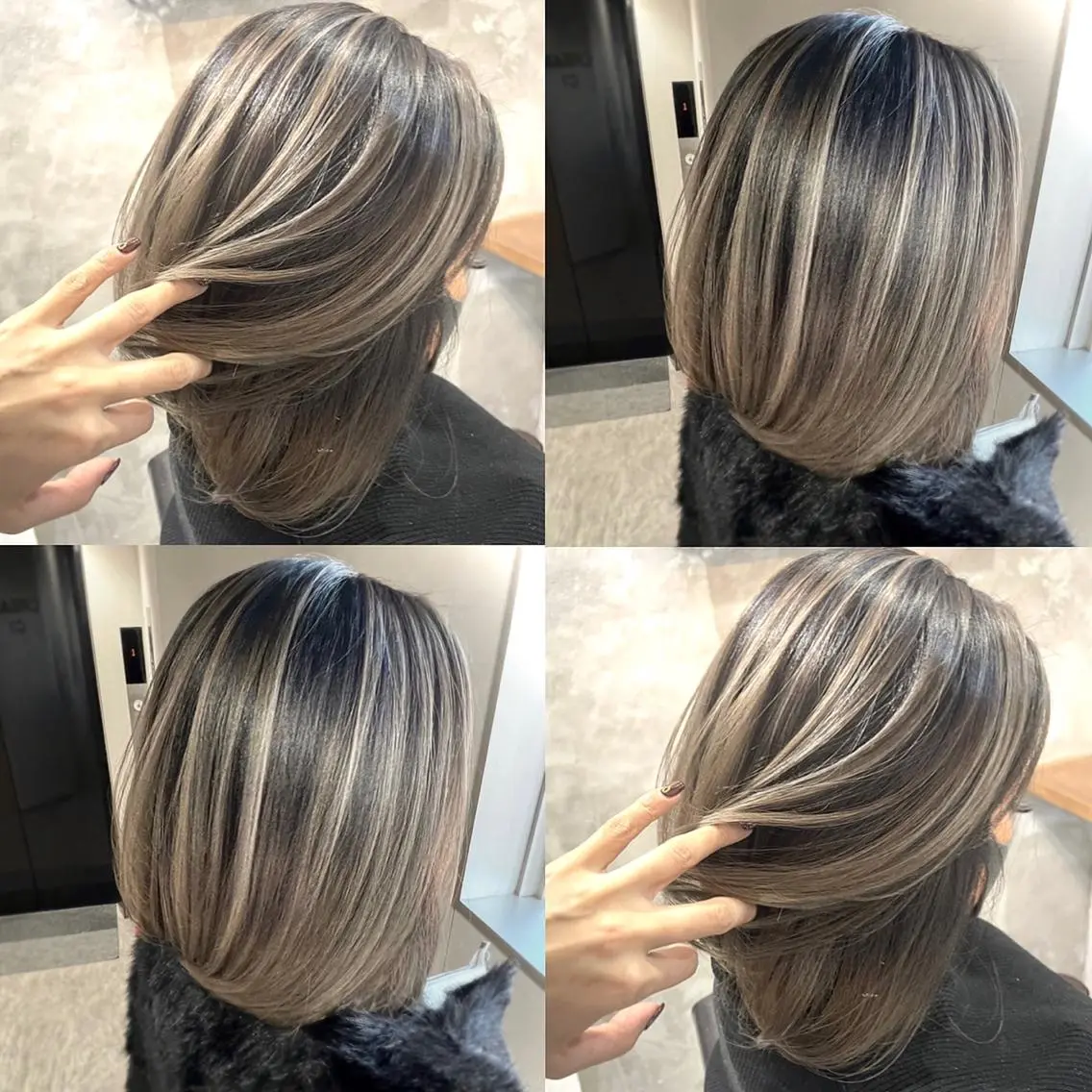 ショート カラー 前下がりボブ バレイヤージュ ハイライトカラー ボブ ハイライト 松井那津子 /ハイライトブリーチのヘアスタイル