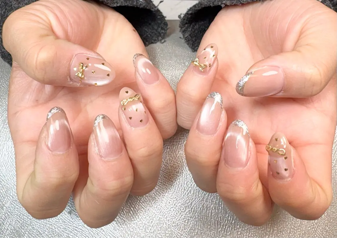 ネイル ダブルフレンチ フレンチネイル ラメ(グリッター) マグネットネイル マグネットフレンチ ハンドネイル ✨韓国✨nail salonLumieのネイルデザイン