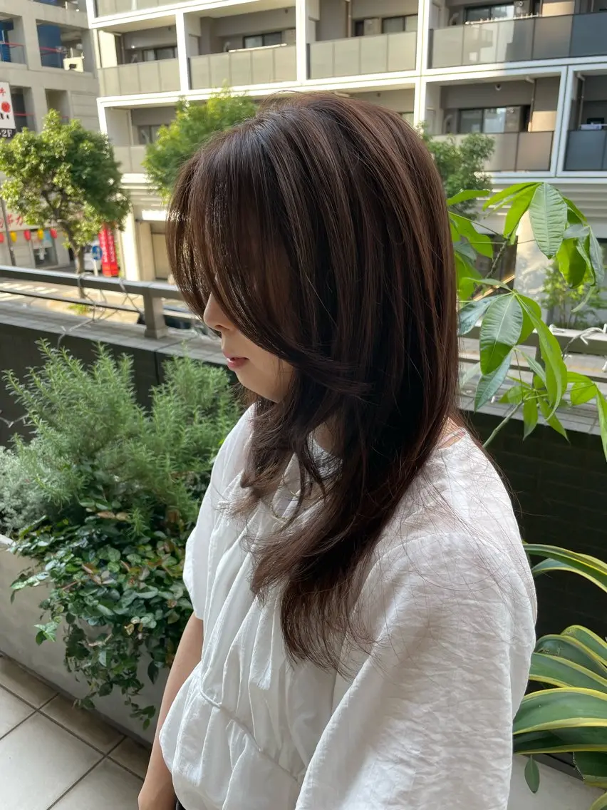 ロング カラー パーマ 透明感カラー レイヤーカット カット ヘアカラー トリートメント カズキ/くびれヘア/ レイヤー/透け感のヘアスタイル