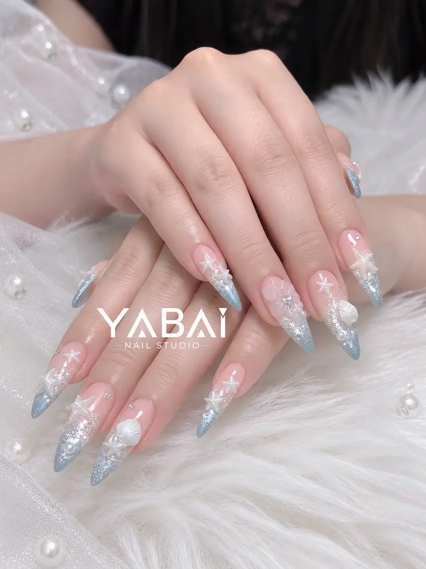 ネイル ブルー グラデーション キラキラネイル ロングネイル ピンク YABAI NailStudioのネイルデザイン