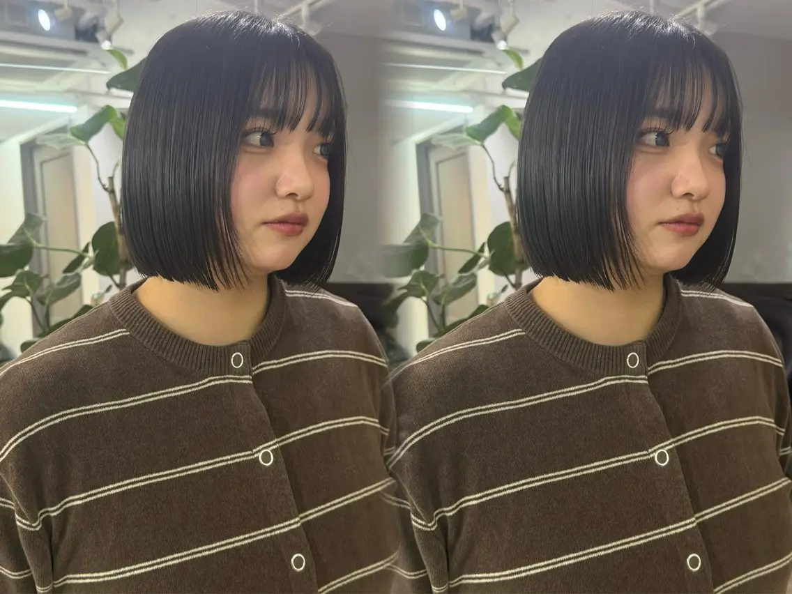 ミディアム 切りっぱなしボブ ボブ カット ヘアカラー トリートメント 丸みショートボブ Narumi✂︎のヘアスタイル