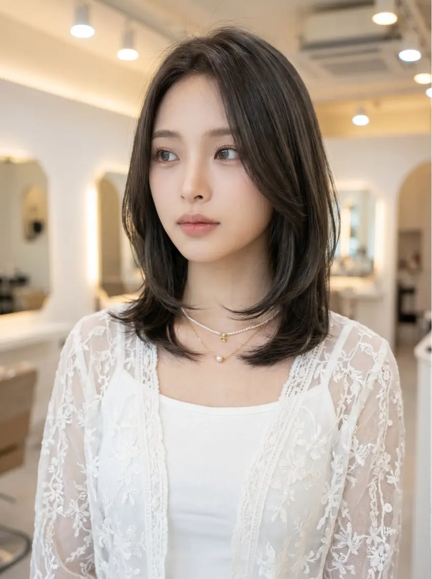 ミディアム カラー ミディアムレイヤー ベージュカラー 透明感カラー くびれヘア 顔まわりレイヤー カット ヘアカラー 韓国レイヤーカット× 髪質改善ラビマーニのヘアスタイル