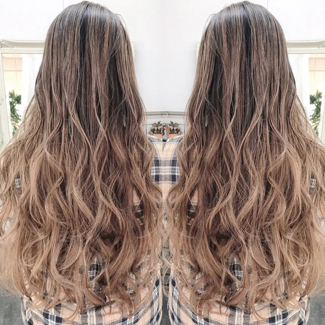 ロング カラー ヘアアレンジ お団子ヘア 結婚式・ブライダル 切りっぱなしボブ バレイヤージュ デザインカラー Mariana/ 鶴原-ハイライトのヘアスタイル