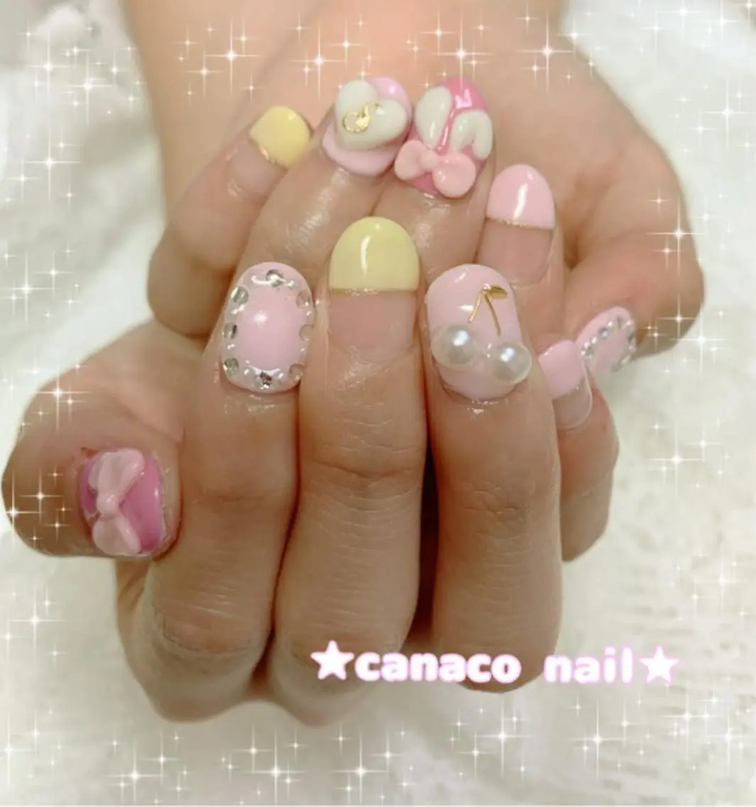 ネイル ハート リボン ストーンネイル ハンドネイル ハンドケア ベテランネイル cnc  nailのネイルデザイン