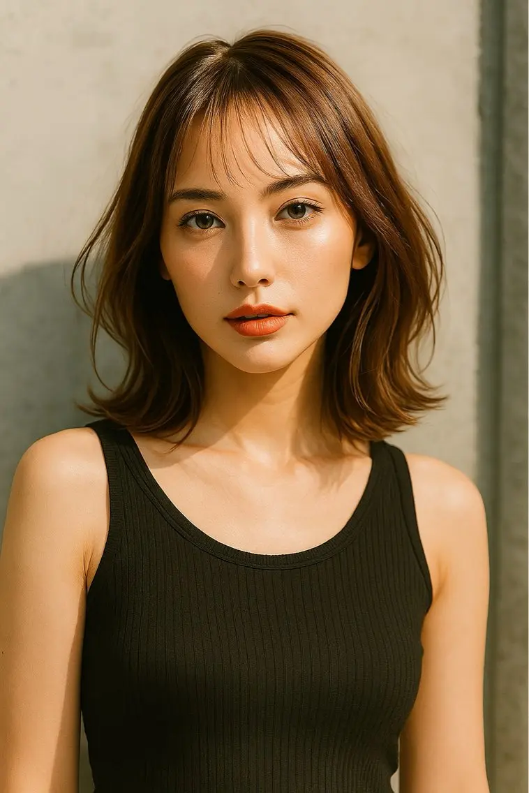 ミディアム カラー パーマ シースルーバング カット ヘアカラー トリートメント さく/髪質改善× 縮毛矯正/町田のヘアスタイル