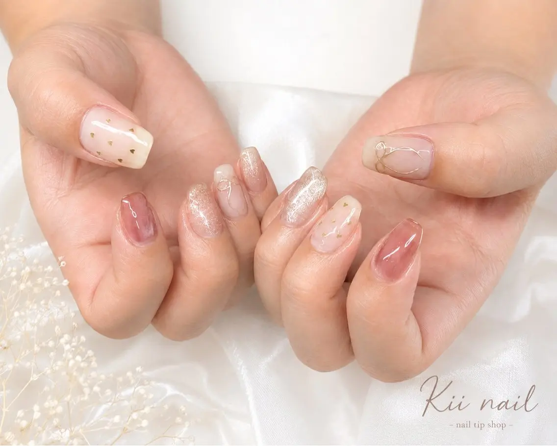 ネイル ゴールド ニュアンスネイル オフィスネイル ピンク ピンクベージュ ハンドネイル Kii nailのネイルデザイン
