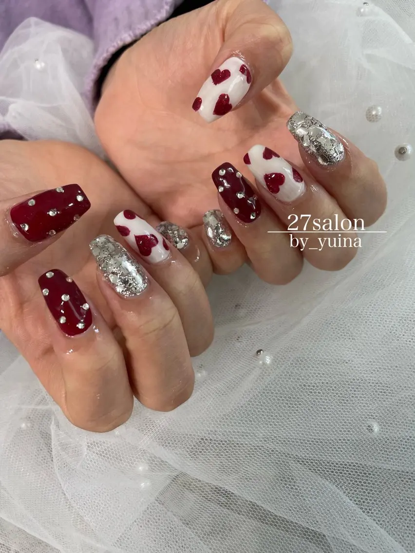 ネイル ハート 赤色 ハンドネイル 27salon yuinaのネイルデザイン