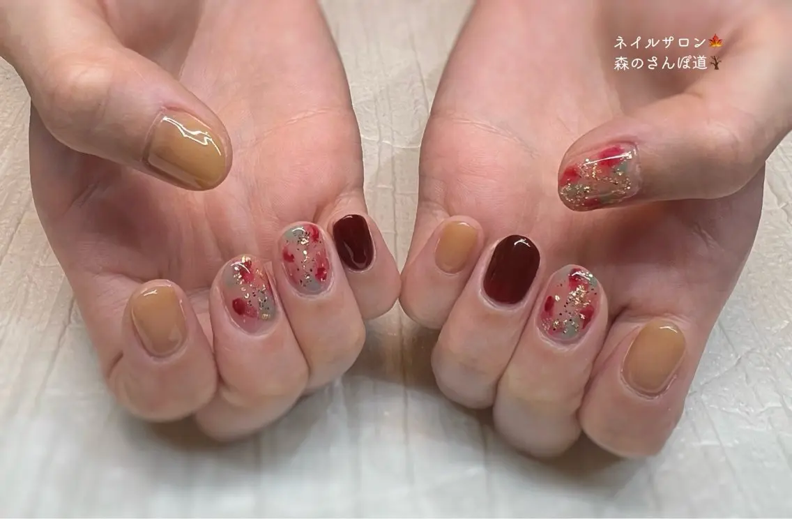 ネイル ハンドネイル ショートネイル 森のさんぽ道のネイルデザイン