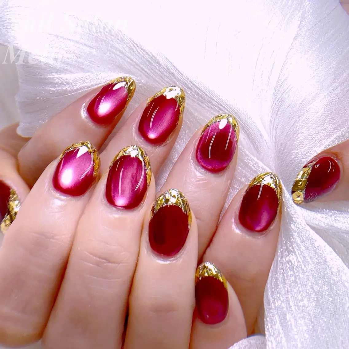 ネイル アートネイル フレンチネイル ガラスフレンチ ゴールド マグネットネイル NAILSALON MEILIのネイルデザイン