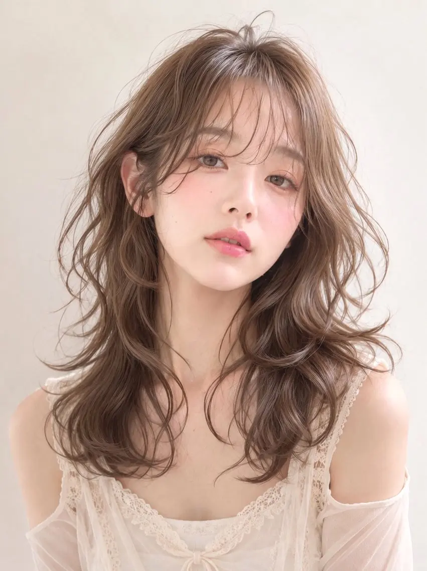 ミディアム パーマ カット パーマ 抜きっぱなしブロンド /ハイトーン/カナタのヘアスタイル