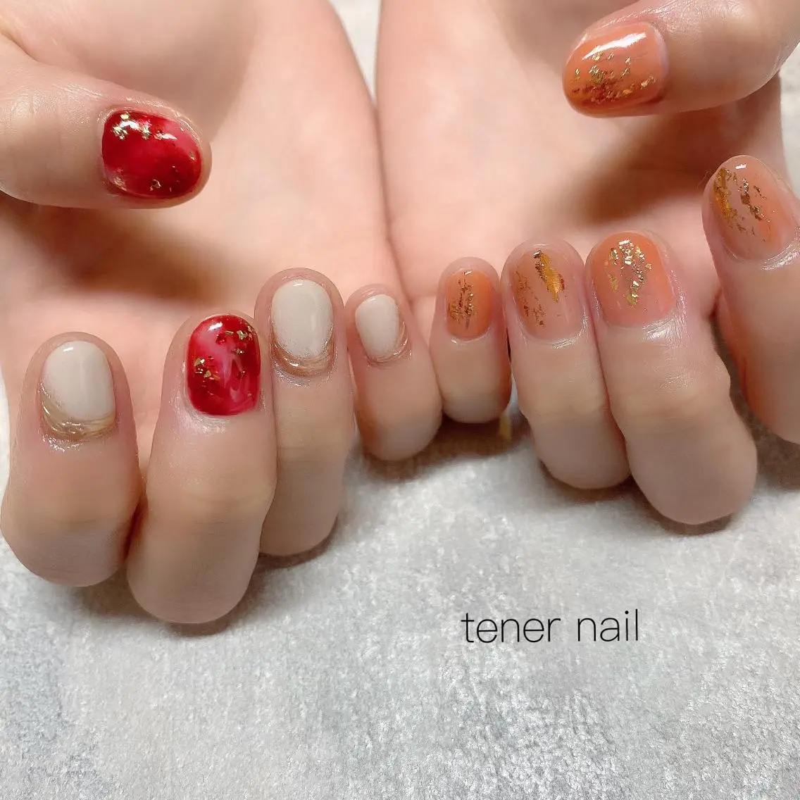 ネイル べっ甲ネイル ブラウン オレンジ 赤色 テネルネイル tener nailのネイルデザイン
