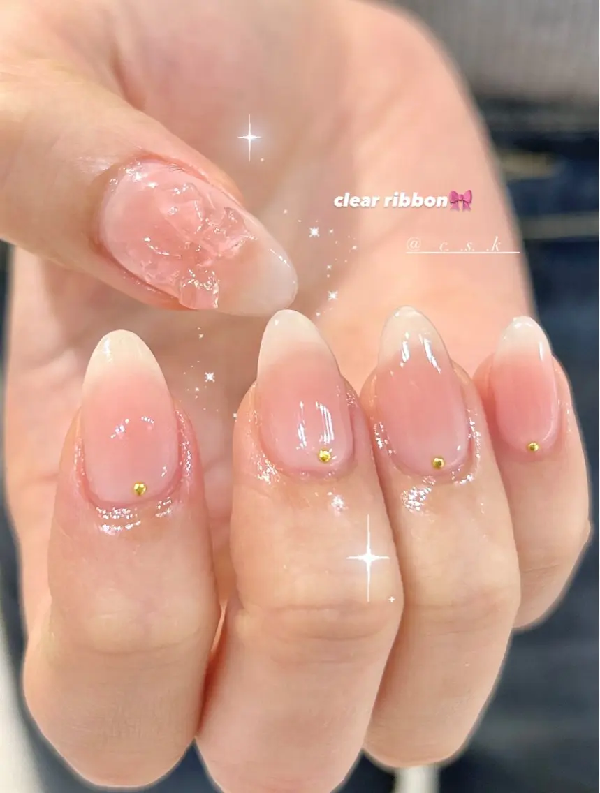 ネイル リボン ハンドネイル 🎀チーク/ちゅるん 🫧chisa🎀のネイルデザイン