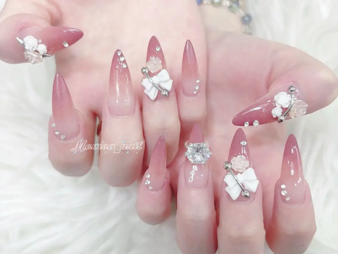 ネイル 成人式 マグネットネイル 大理石ネイル(マーブル) リボン 夏ネイル ハンドネイル MoMoA Nail ネイル長さ出し専門店のネイルデザイン