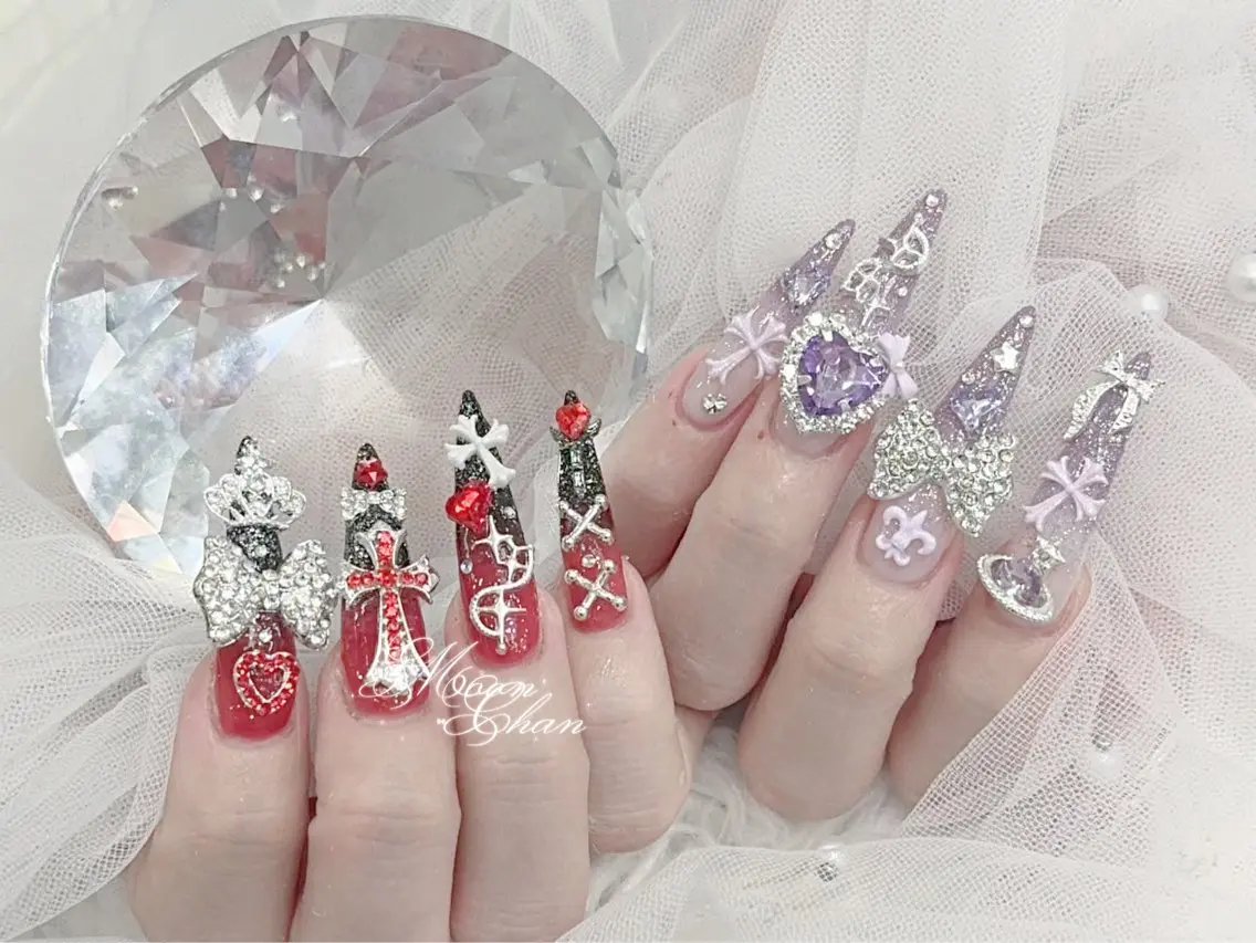 ネイル 成人式 大理石ネイル(マーブル) リボン 夏ネイル ネイルチップ ハンドネイル MoMoA Nail ネイル長さ出し専門店のネイルデザイン