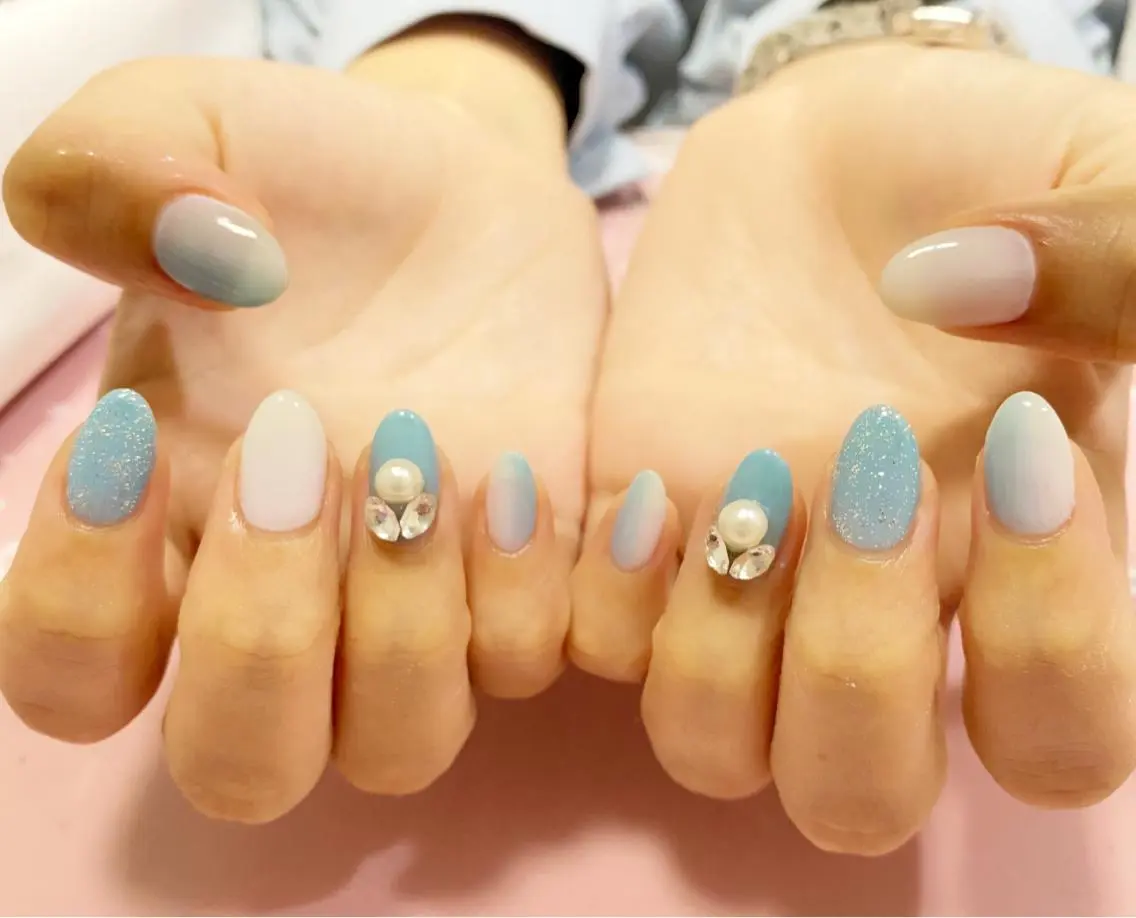 ネイル フレンチネイル ジェルネイル ガラスフレンチ グリーン マグネットネイル Nail Salon Ｄream Mamのネイルデザイン