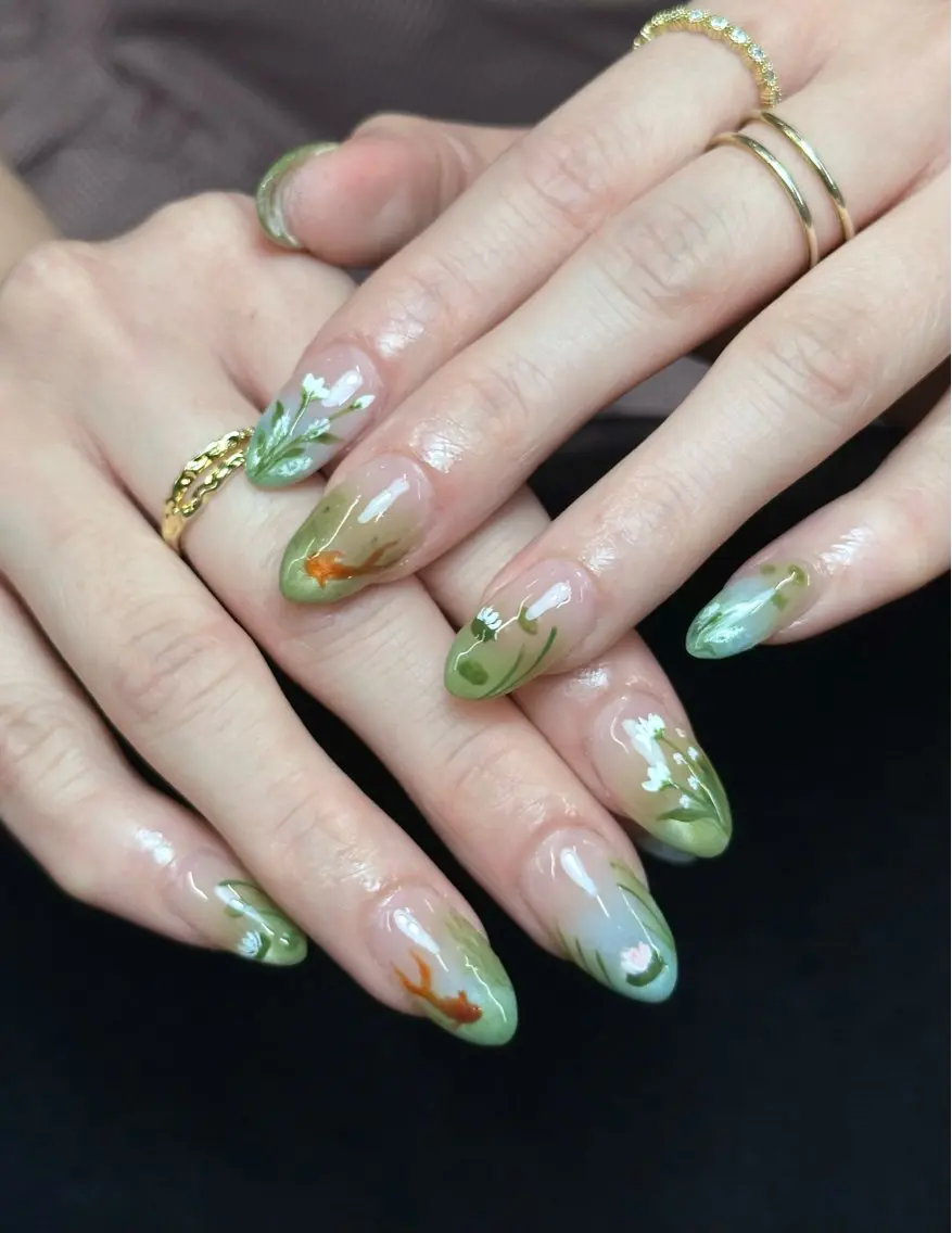 ネイル アートネイル フラワーネイル ジェルネイル グリーン ニュアンスネイル Iconic Nailのネイルデザイン