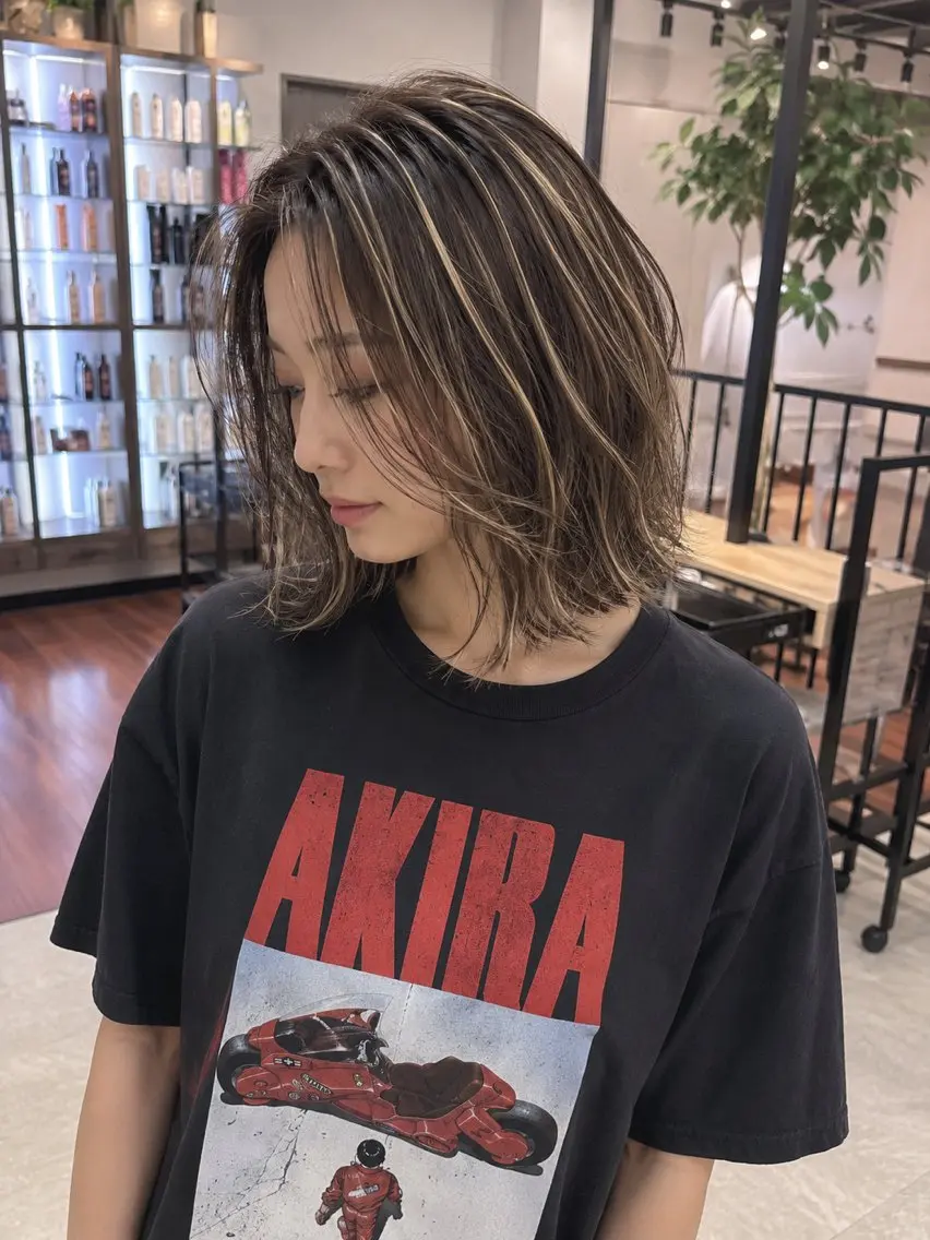 ミディアム 顔まわりレイヤー 外国人風カラー ハイライト レイヤーカット カット ヘアカラー トリートメント 海外風レイヤーカット 👑店長 平松 由のヘアスタイル