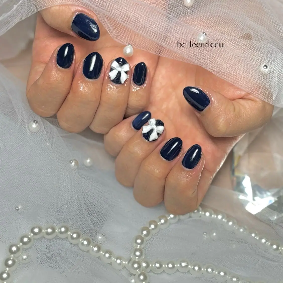 ネイル リボン ショートネイル ワンホンネイル nail salon belleのネイルデザイン
