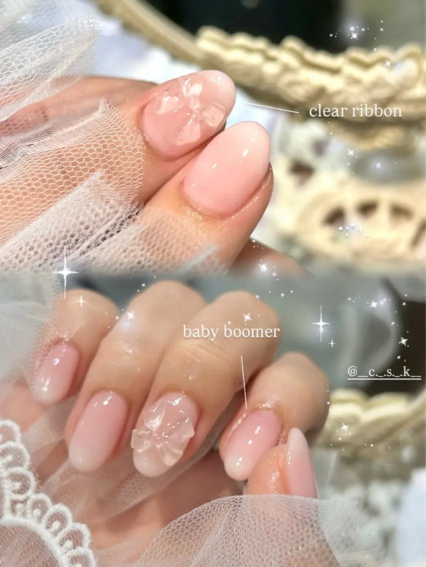ネイル クリアネイル リボン ハンドネイル 🎀チーク/ちゅるん 🫧chisa🎀のネイルデザイン