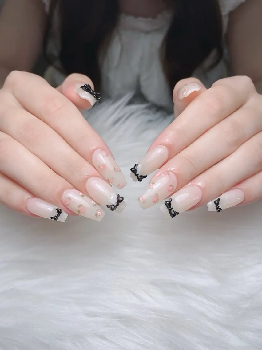 ネイル ガーリー ハート 韓国ネイル ニュアンスネイル リボン Sora nail 長さ出し専門店のネイルデザイン