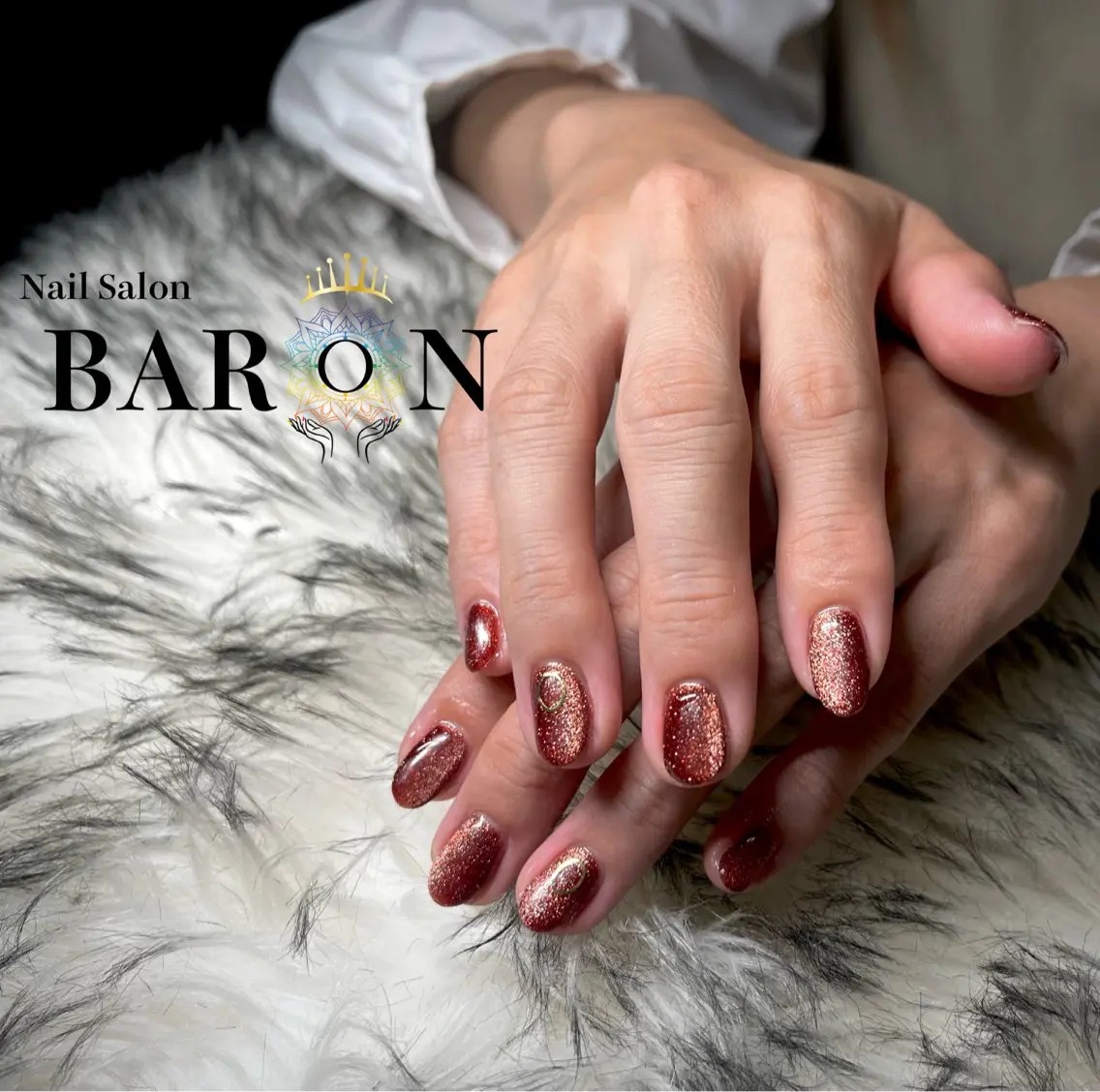 ネイル ブラウン フラッシュネイル マグネットネイル 赤色 ハンドネイル ☆SAKI☆ BARON 店長のネイルデザイン